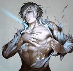  blue_eyes breast_beam cozy hands male_focus muscle nipples original solo torn_clothes white_hair 