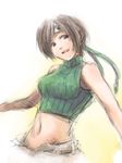  bare_shoulders brown_eyes brown_hair final_fantasy final_fantasy_vii green_shirt head_tilt headband kuzumin midriff ribbed_sweater shirt short_hair sketch sleeveless sleeveless_turtleneck smile solo sweater turtleneck yuffie_kisaragi 