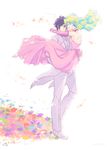  1girl blue_hair carrying couple dress flower gloves hetero hisui_(paingumi) multicolored_hair nia_teppelin pink_dress pink_wedding_dress princess_carry simon smile tengen_toppa_gurren_lagann tuxedo two-tone_hair wedding_dress 