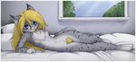  bed bedroom blonde_hair blue_eyes breasts cashew cat chest_tuft cute feline female fur grey_fur hair jay_naylor lying mammal nude on_side pillow pubes small_breasts solo tuft window 