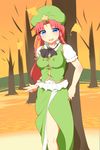  :d against_tree autumn_leaves blue_eyes blush braid hat hong_meiling kobii long_hair looking_at_viewer open_mouth red_hair smile solo star touhou tree twin_braids v 