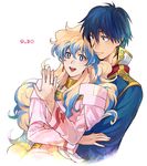  1boy 1girl blue_hair choker couple earrings hetero hug hug_from_behind jewelry mosako multicolored_hair nia_teppelin ring simon smile tengen_toppa_gurren_lagann two-tone_hair wedding_band 