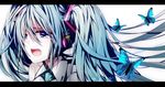  aqua_eyes aqua_hair bad_id bad_pixiv_id blue_eyes bug butterfly close-up face hatsune_miku headphones insect letterboxed long_hair music necktie nishina_(alive001) open_mouth portrait singing solo tears twintails vocaloid 