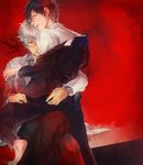  bad_id bad_pixiv_id barefoot black_eyes black_hair cigarette gintama glasses hijikata_toushirou inoshika_(box_000) male_focus multiple_boys off_shoulder red_background red_eyes sakata_gintoki silver_hair yaoi 