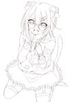  :d bow cat_tail collarbone fang garter_straps glasses hair_bow hair_ornament hairclip holding hood hoodie lineart monochrome open_mouth original sitting skirt smile solo tail thighhighs yamasuta 