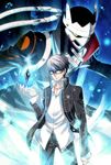  argent-ag blue_fire fire floating_card glasses grey_eyes grey_hair izanagi male_focus multiple_boys narukami_yuu persona persona_4 school_uniform 