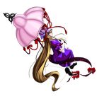  1girl blonde_hair dress female hat hat_ribbon highres long_hair looking_back pandora_(angelfeather-heart) purple_eyes ribbon sitting touhou umbrella white_dress yakumo_yukari 
