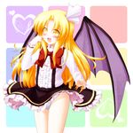  :d aka_tawashi bat_wings blonde_hair blush bow hair_ribbon highres kurumi_(touhou) long_hair md5_mismatch open_mouth panties pantyshot purple_wings ribbon skirt smile solo suspender_skirt suspenders touhou touhou_(pc-98) underwear white_panties wings yellow_eyes 