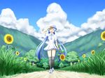  blue_hair closed_eyes cloud day dress flower grass hat hatsune_miku highres long_hair md5_mismatch nanatsuba necktie open_mouth project_diva_(series) project_diva_f sky solo sunflower thighhighs time_machine_(vocaloid) tree twintails very_long_hair vocaloid 