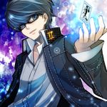  argent-ag bad_id bad_pixiv_id blue_fire fire floating_card glasses grey_eyes grey_hair houndstooth male_focus narukami_yuu persona persona_4 school_uniform solo 