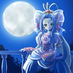  agarte_lindblum animal_ears blue blue_background blue_hair bow cat_ears circlet colored_eyelashes crown dress earrings flower food fruit full_moon grapes green_eyes hair_bow huge_bow jewelry moon night pink_flower pink_rose puffy_sleeves rose shimauma_(zebra_vz) short_hair slit_pupils smile solo tales_of_(series) tales_of_rebirth 