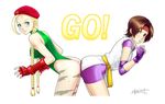  2girls ass ass-to-ass beret blonde_hair blue_eyes braid brown_eyes brown_hair cammy_white capcom fingerless_gloves gloves hat headband king_of_fighters leaning_forward leotard long_hair multiple_girls street_fighter yan_fei_toketsu yuri_sakazaki 