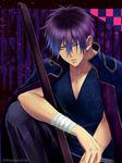  black_hair gintama green_eyes hakaicom headband jacket_on_shoulders male_focus purple_hair sheath sheathed solo sword takasugi_shinsuke weapon wince 