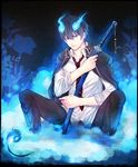  ao_no_exorcist arima_(iro_rabbit) black_hair blue_eyes blue_fire fire highres jacket_on_shoulders male_focus necktie okumura_rin pointy_ears sheath sheathed solo striped striped_neckwear sword tail weapon 