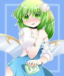  :d bad_id bad_pixiv_id bandages bandaid bandaid_on_arm blue_bra blue_dress blush bomb bra breasts cleavage collarbone commentary daiyousei dress embarrassed fairy_wings green_eyes green_hair hammer_(sunset_beach) medium_breasts open_mouth power-up puffy_sleeves short_hair short_sleeves side_ponytail smile solo strap_slip sweatdrop tears torn_clothes touhou underwear wings 