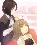  :o ahoge atelier_(series) atelier_ayesha black_hair brown_hair closed_eyes copyright_name hair_brush hair_brushing highres linca_(atelier) long_hair marion_quinn multiple_girls short_hair sitting yellow_eyes yukiiti 