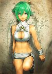  aqua_eyes aquarion_(series) aquarion_evol bare_shoulders boots breasts cleavage_cutout green_hair medium_breasts midriff navel ninny-world short_hair short_shorts shorts smile solo stomach wristband zessica_wong 