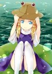  bad_id bad_pixiv_id blonde_hair blue_eyes eyes hanarito hands_on_headwear hat lily_pad moriya_suwako smile solo thighhighs touhou water white_legwear 