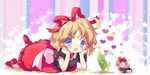  ahoge amo blonde_hair blue_eyes blush bow chin_rest doll dress flower hair_bow hair_ribbon heart lily_of_the_valley lying medicine_melancholy on_stomach open_mouth ribbon short_hair smile solo star star-shaped_pupils su-san symbol-shaped_pupils touhou wings 