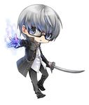  argent-ag bad_id bad_pixiv_id blue_fire chibi fire glasses grey_eyes grey_hair katana male_focus narukami_yuu persona persona_4 school_uniform simple_background solo sword weapon white_background 