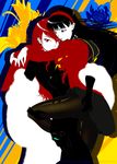  amagi_yukiko ass ass_grab black_hair blending bodysuit flat_color flower hairband highres houndstooth hug ian_chase kirijou_mitsuru leg_hold leg_lock lily_(flower) lips lipstick long_hair makeup multiple_girls pantyhose persona persona_3 persona_4 persona_4:_the_ultimate_in_mayonaka_arena red_eyes red_hair school_uniform silhouette skirt standing thighband_pantyhose watermark web_address yuri 