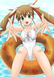  brown_hair dog_days foreshortening fuuma_nagi green_eyes highres long_hair md5_mismatch one-piece_swimsuit rebecca_anderson swimsuit twintails 