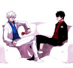  bad_id bad_pixiv_id black_hair boutonniere cigarette couch flower formal gintama hand_in_pocket hijikata_toushirou male_focus multiple_boys red_flower red_rose rose sakata_gintoki shaku_(gekirin) silver_hair sitting suit white_flower white_rose 