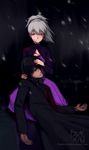  1girl black_hair blood darker_than_black dress feguimel grey_hair hand_on_another's_head hei injury ponytail purple_dress purple_eyes tears trench_coat watermark web_address yin 