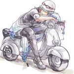  blue_hair boots gintama goggles ground_vehicle helmet japanese_clothes ktsn male_focus motor_vehicle motorcycle_helmet red_eyes sakata_gintoki scooter solo vespa white_hair 
