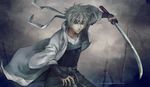  felice gintama grey headband japanese_clothes joui katana male_focus realistic red_eyes sakata_gintoki silver_hair solo sword watermark weapon web_address 