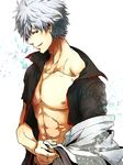  abs bad_id bad_pixiv_id gintama male_focus naughty_face nipples nolife open_clothes open_shirt red_eyes sakata_gintoki shirt silver_hair solo undressing 