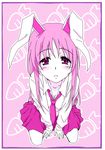  animal_ears bad_id bad_pixiv_id blush breasts bunny_ears carrot cleavage from_above ikuya_koimori long_hair looking_at_viewer medium_breasts monochrome necktie parted_lips perspective pink reisen_udongein_inaba sitting solo touhou wariza 