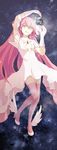  absurdres boots bow dress earth full_body gloves goddess hair_bow highres kaname_madoka long_hair magical_girl mahou_shoujo_madoka_magica pink_footwear pink_hair smile solo space spoilers thighhighs tshuki ultimate_madoka yellow_eyes 