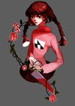  bad_id bad_pixiv_id banned_artist braid brochimanacu brown_hair expressionless flower grey_background knife madotsuki pink_shirt plant red_eyes rose shirt solo thorns twin_braids twintails vines yume_nikki 