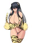  1girl animal_ears black_hair blush breasts crotchless elbow_gloves gloves huge_breasts long_hair looking_at_viewer nipples paw_gloves pubic_hair purple_eyes pussy solo soushin_souma te2 thighhighs tiger_ears tiger_print 