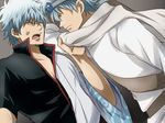  anger_vein blue_eyes blue_hair cape collar_grab gintama hadanugi_dousa headband japanese_clothes kimono leukocyte_king long_sleeves male_focus maruki_(punchiki) multiple_boys red_eyes sakata_gintoki short_sleeves silver_hair 