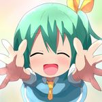  :d blush carry_me closed_eyes daiyousei green_hair hair_ribbon hands highres incoming_hug kuromu_(underporno) looking_at_viewer open_mouth ribbon short_hair side_ponytail smile solo touhou 