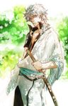  acaco bokken gintama hadanugi_dousa japanese_clothes kimono long_sleeves male_focus red_eyes sakata_gintoki short_sleeves silver_hair solo sword weapon wooden_sword 