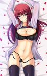  black_bra black_panties blush bra breasts butter-t cleavage large_breasts long_hair lying on_back open_clothes open_shirt original panties petals purple_eyes red_hair shirt shirt_lift side-tie_panties smile solo thighhighs underwear untied 