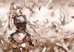  adapted_costume bird black_legwear blood bow braid card dove dress_shirt glowing glowing_eyes grin hair_bow highres izayoi_sakuya maid_headdress playing_card red_eyes ruukii_drift shirt side_braid smile solo teeth thighhighs torn_clothes torn_legwear touhou twin_braids white_shirt wrist_cuffs 