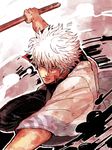  action black_pants bokken closed_mouth frown gintama hadanugi_dousa holding holding_sword holding_weapon japanese_clothes kimono male_focus outstretched_arms pants popped_collar red_eyes sakata_gintoki serious shaku_(gekirin) solo sword weapon white_hair wooden_sword 