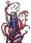  1girl alternate_form blonde_hair cross double_(skullgirls) dual_persona grin habit inverted_cross jewelry monster necklace nun ray-k red_eyes simple_background skullgirls smile teeth tongue white_background 