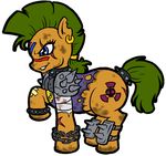  alpha_channel armor bandage bite_mark blood_stain blue_eyes bracelet chain clothing crossover cutie_mark demien dirty ear_piercing eyelashes face_paint female feral fur green_hair grin hair jewelry mad_max_2_the_road_warrior mohawk my_little_pony not_a_fallout_reference original_character pauldron piercing plain_background radiation_symbol raider scar skull solo spiked_anklet spikes tail_band torn_clothing transparent_background wez_(mlp) yellow_fur 