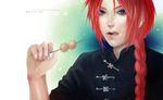  bad_id bad_pixiv_id blue_eyes braid chinese_clothes dango felice food gintama hair_over_shoulder kamui_(gintama) lips long_hair male_focus realistic red_hair single_braid solo tongue wagashi 