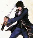  babyfoxcc black_hair blue_eyes gintama hijikata_toushirou katana male_focus shinsengumi_(gintama) solo sword uniform weapon 
