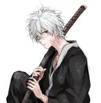  gintama japanese_clothes katana male_focus red_eyes sakata_gintoki sheath sheathed silver_hair solo sword urahara weapon younger 