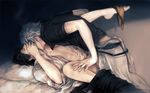  anal babyfoxcc black_hair cigarette clothed_sex gintama hijikata_toushirou implied_sex japanese_clothes male_focus multiple_boys panties panties_around_ankles panty_pull realistic sakata_gintoki silver_hair spread_legs underwear yaoi 