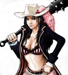  alvida belt blue_eyes blue_hair bra breasts cleavage club cowboy_hat hat hat_ornament jimno kanabou large_breasts long_hair one_piece pirate_costume solo spiked_club striped striped_bra underwear weapon 