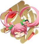  ahoge cherry chibi closed_eyes fallen_down falling food fruit hatsune_miku long_hair n39 open_mouth pink_hair relay_baton relay_race sakura_miku socks solo track track_and_field traffic_cone twintails very_long_hair vocaloid 