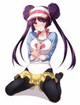  :o blush breasts cosplay double_bun hat highres hizuki_akira kneeling large_breasts legwear_under_shorts long_hair mei_(pokemon) mei_(pokemon)_(cosplay) natsume_(pokemon) pantyhose pokemon pokemon_(game) pokemon_bw2 purple_hair raglan_sleeves red_eyes shorts solo tsurime 